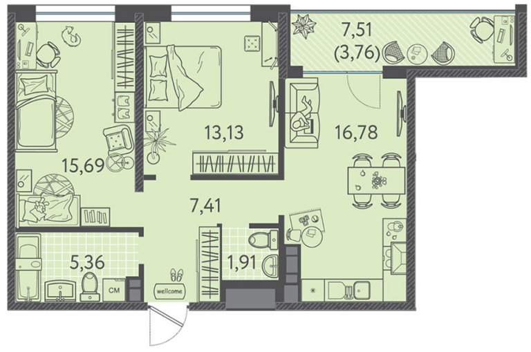 2 комнатная, 64 м²