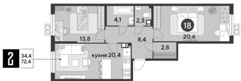 2-к. квартира, 72 м2, 3/18 эт. ЖК Парк Победы.