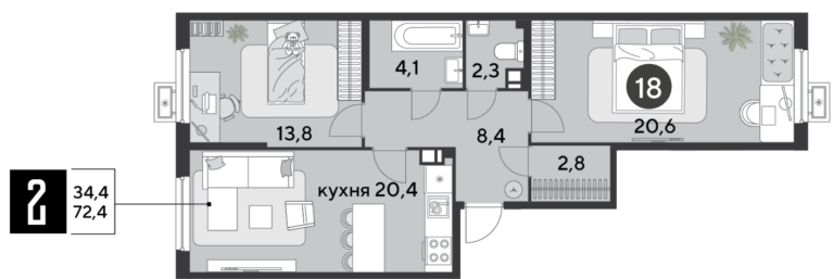2 комнатная, 72 м²