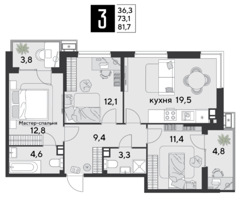 3-к. квартира, 81 м2, 5/9 эт. ЖК Парк Победы.