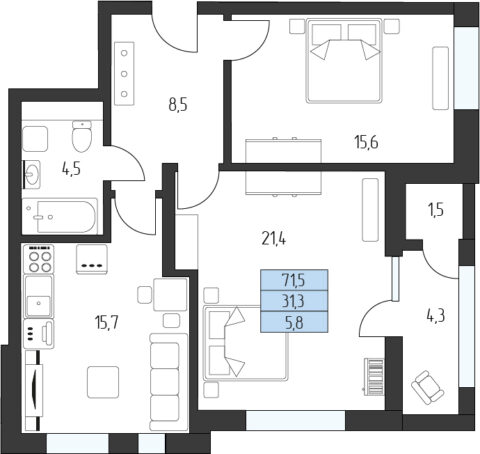 2-к. квартира, 71 м2, 7/8 эт. ЖК Горы здесь.