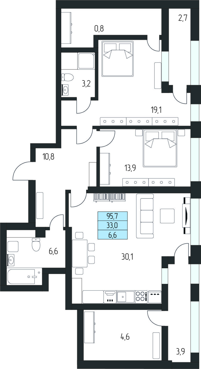 3+ комнатная, 96 м²