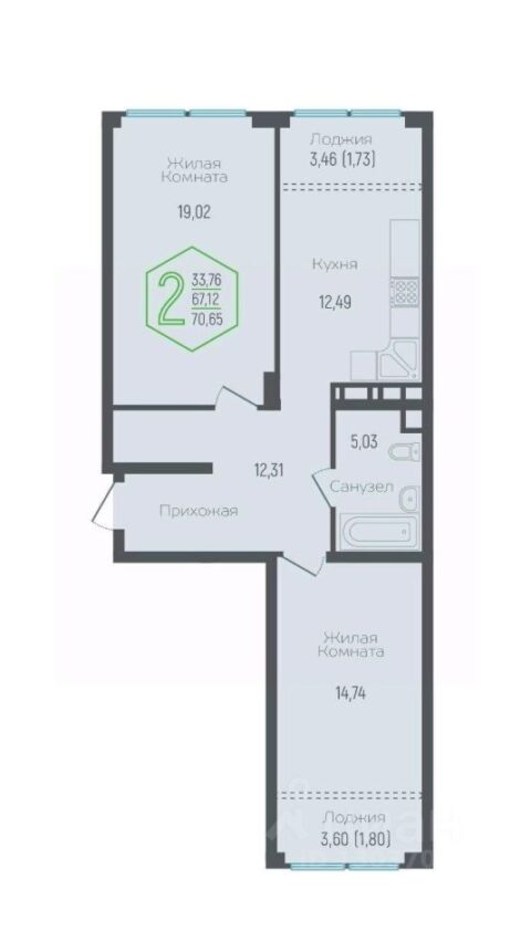2-к. квартира, 71 м2, 19/24 эт. ЖК Гарантия Prime.