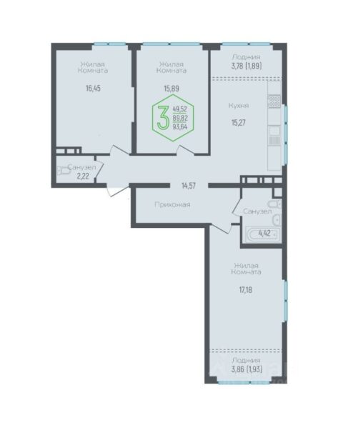 3-к. квартира, 94 м2, 16/24 эт. ЖК Гарантия Prime.