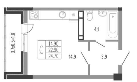 Студия, 24 м2, 7/15 эт. ЖК Екатерининский Парк.