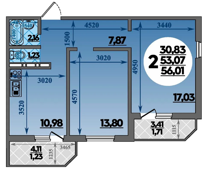 2-к. квартира, 56 м2, 6/8 эт. ЖК Молодежный 2.