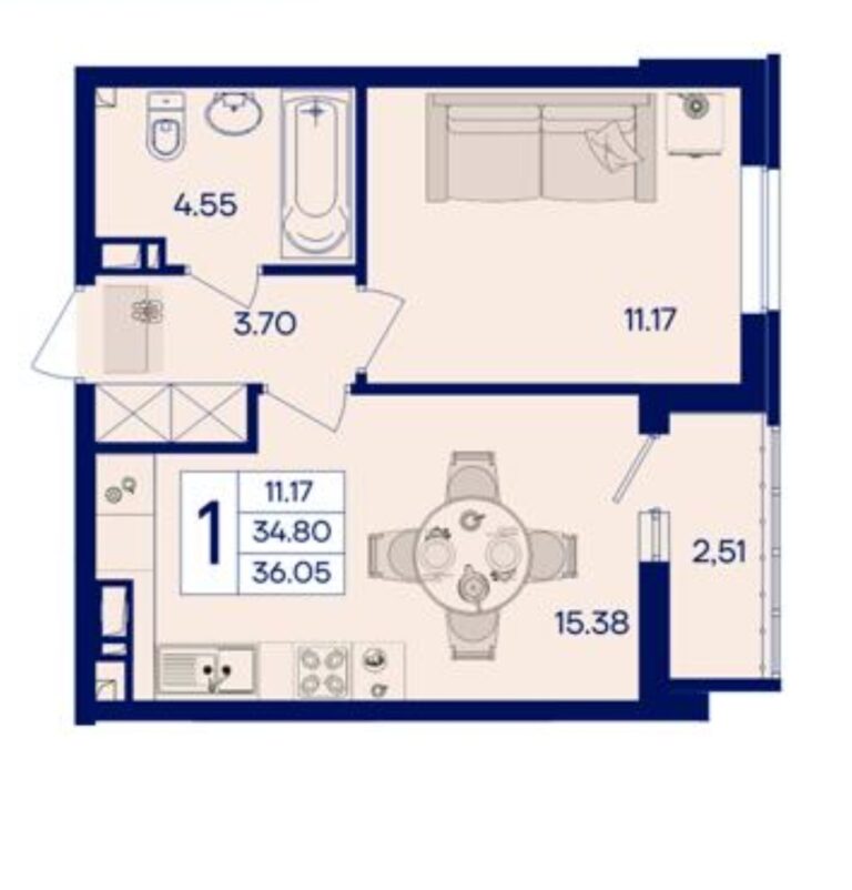 1 комнатная, 36 м²
