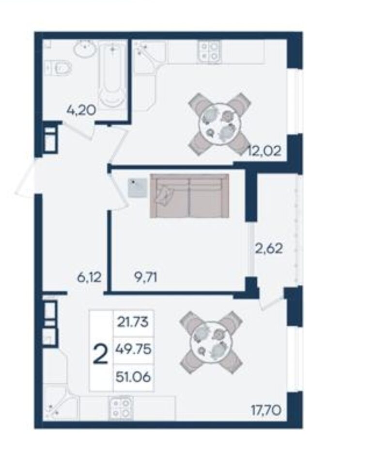 2 комнатная, 51 м²