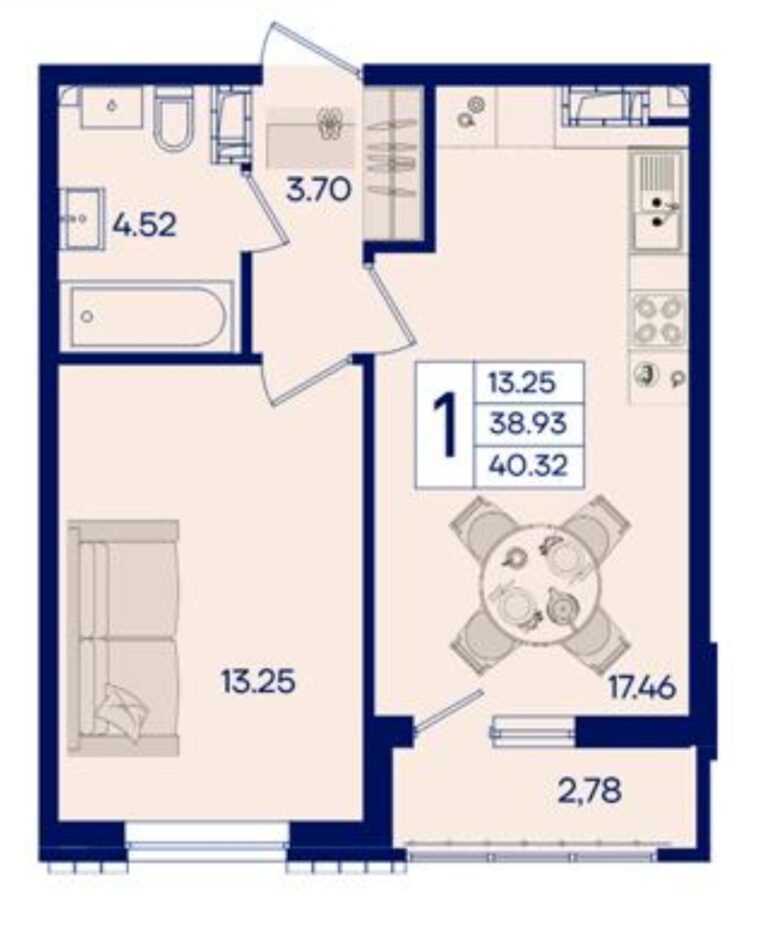 1 комнатная, 40 м²