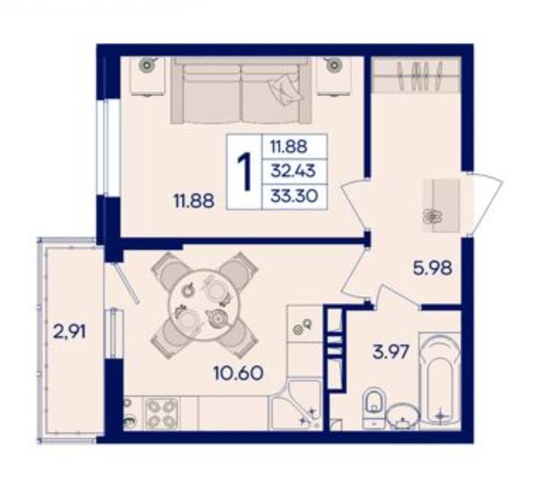 1 комнатная, 33 м²