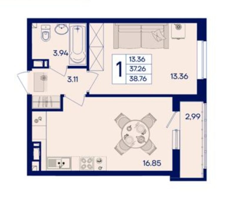 1 комнатная, 38 м²
