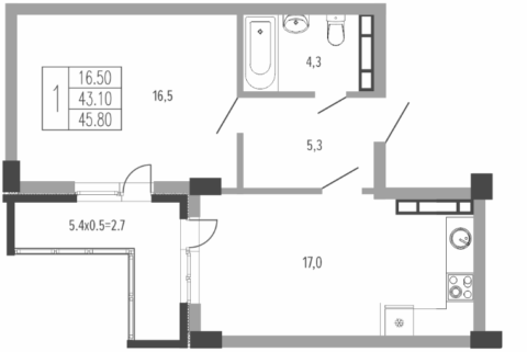 1-к. квартира, 46 м2, 5/15 эт. ЖК Екатерининский Парк.