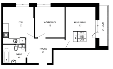 2-к. квартира, 57 м2, 11/17 эт. ЖК Екатерининский Парк.