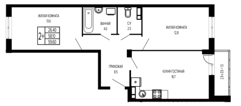 2 комнатная, 59 м²