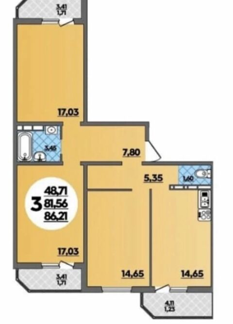 3 комнатная квартира, 86 м2, 11/16 эт.
