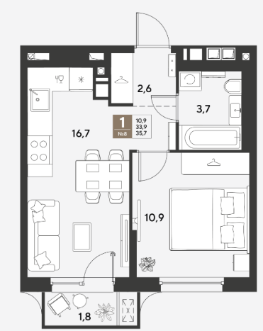1 комнатная квартира, 35 м2, 10/16 эт. ЖК Grade.