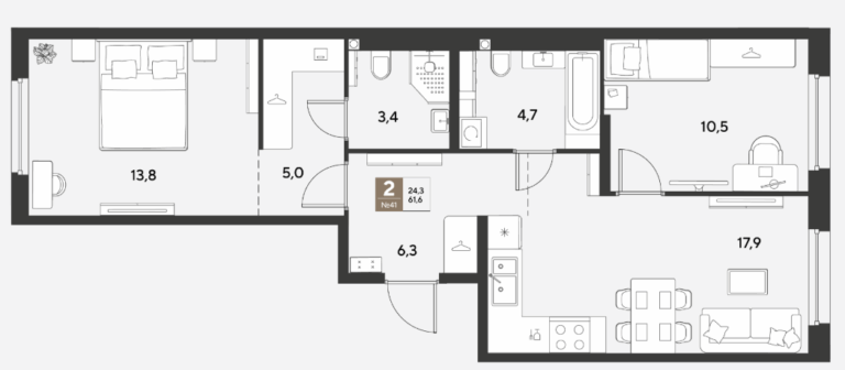 2 комнатная, 61 м²