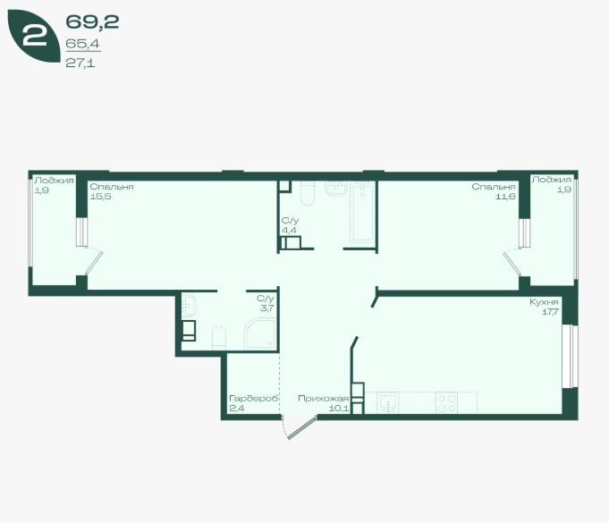 2 комнатная квартира, 69 м2, 14/18 эт. ЖК Ботаника.