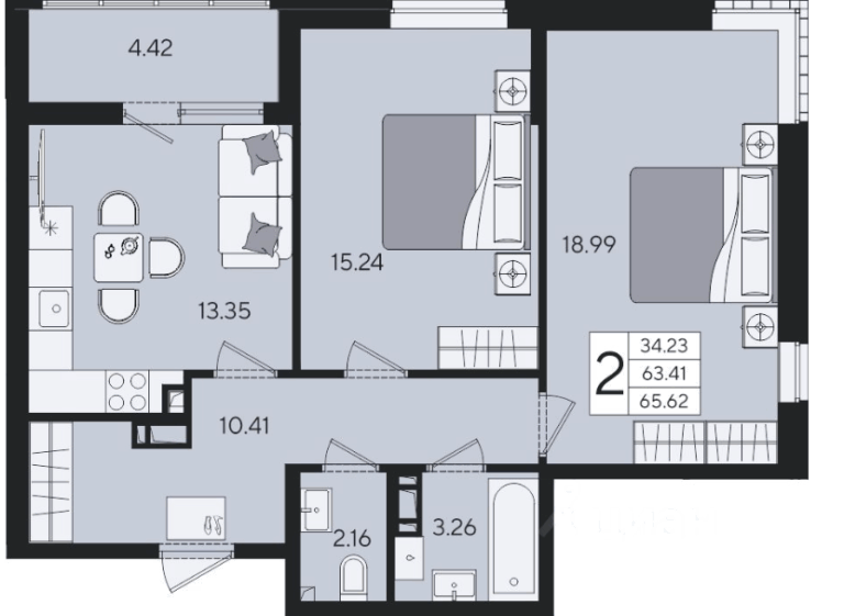 2 комнатная, 65 м²