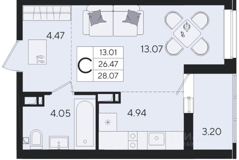 Студия, 28 м²
