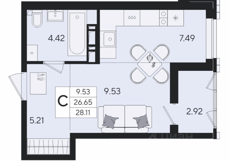 Студия, 28 м²