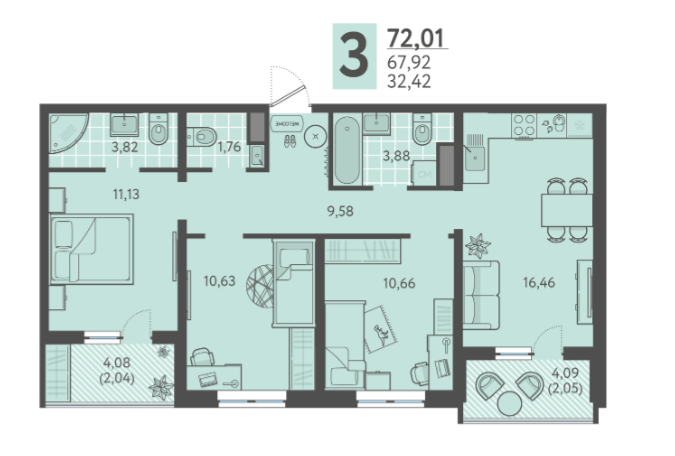 3 комнатная квартира, 72 м2, 11/18 эт. ЖК Теплые Края.