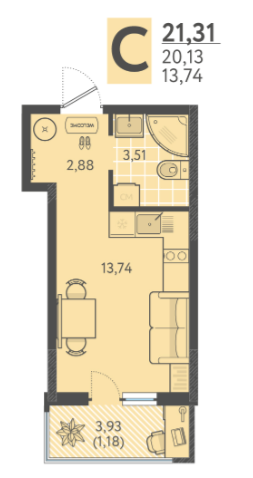 Студия, 21 м2, 8/9 эт. ЖК Теплые Края.
