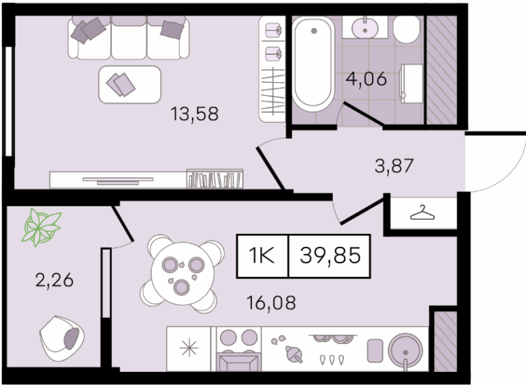 1 комнатная, 39 м²