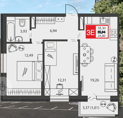 2 комнатная квартира, 58 м2, 8/9 эт. ЖК К24.