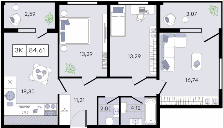 3+ комнатная, 84 м²