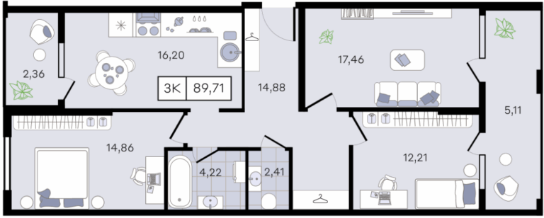3+ комнатная, 89 м²