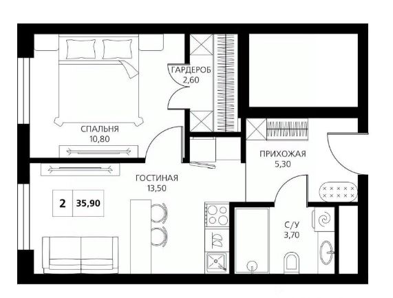 2 комнатная квартира 36 м2 7/19 эт. ЖК АКСИС ЦЕНТР. Краснодар