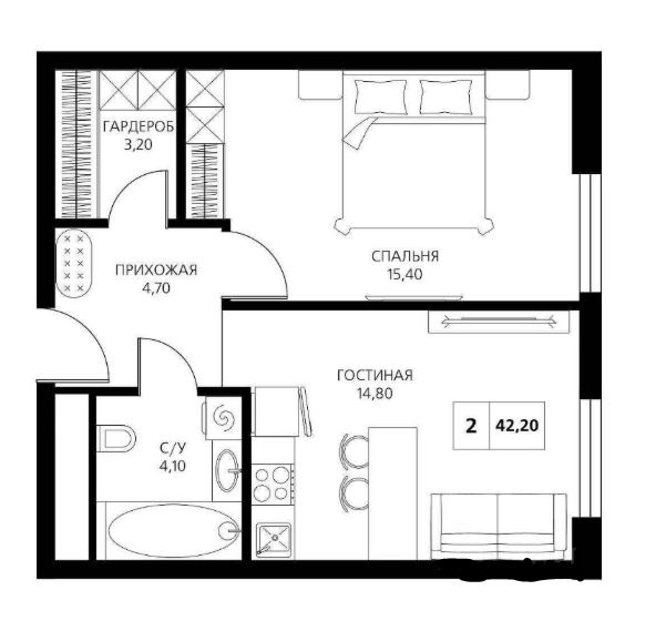 2 комнатная квартира 42 м2 6/19 эт ЖК АКСИС ЦЕНТР Краснодар