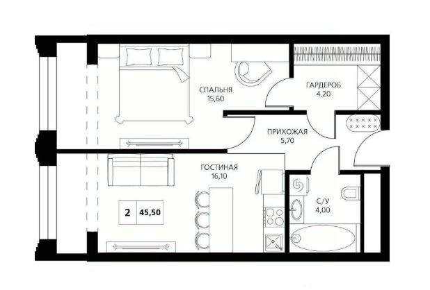 2 комнатная квартира 45 м2 15/19 эт ЖК АКСИС ЦЕНТР Краснодар