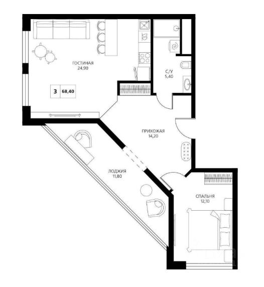 3 комнатная квартира 68 м2 10/19 эт ЖК АКСИС ЦЕНТР Краснодар