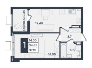 1-комнатная квартира 37 м² 5/18 ЖК Сюжеты Краснодар 