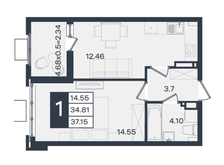 1 комнатная, 37 м²