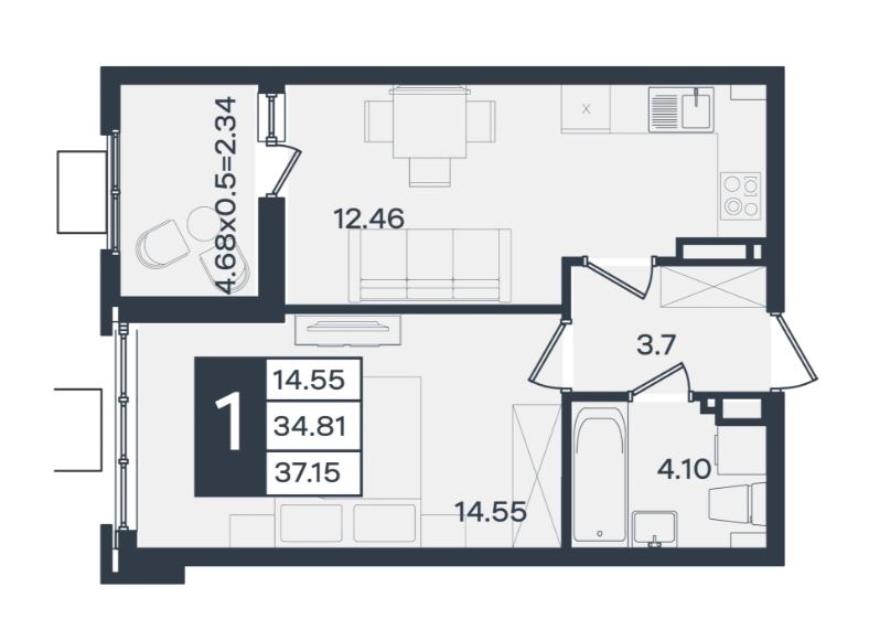 1-комнатная квартира 37 м² 5/18 ЖК Сюжеты Краснодар 