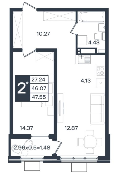 1-комнатная квартира 47 м²  ЖК Сюжеты Краснодар