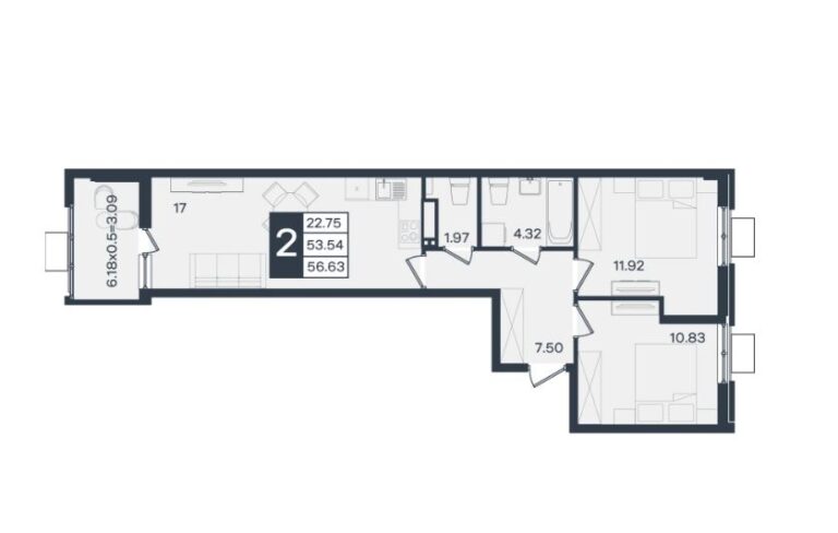 2 комнатная, 56 м²