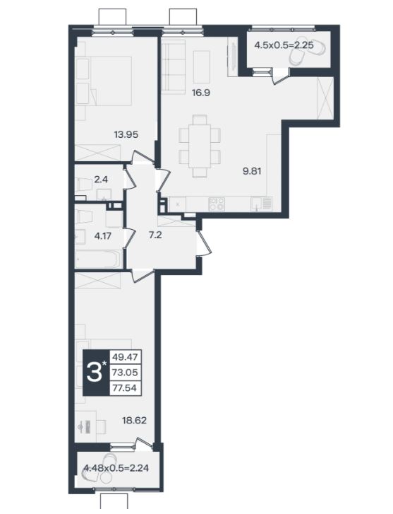 3-комнатная квартира 77 м² в ЖК Сюжеты Краснодар