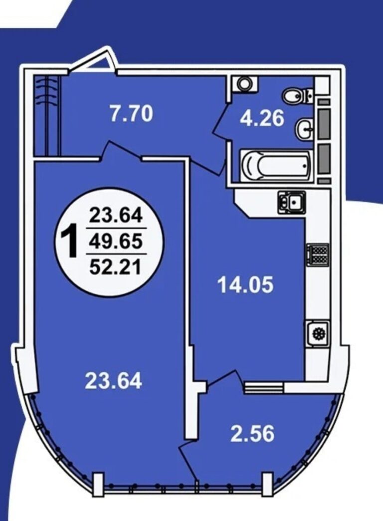 1 комнатная, 52 м²