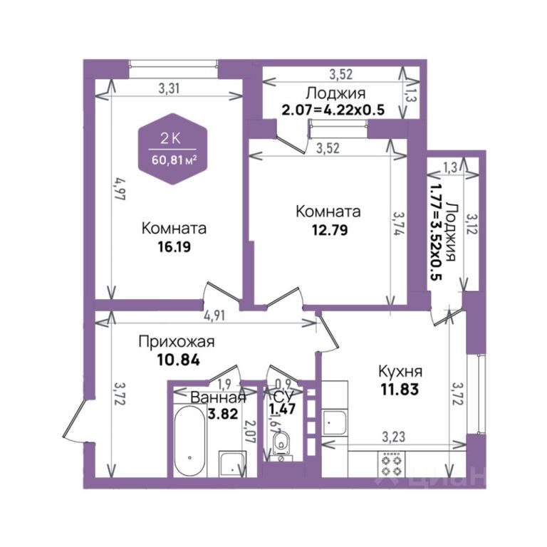 2 комнатная, 60,81 м²