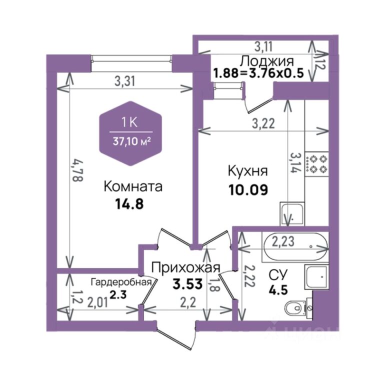1 комнатная, 37,1 м²