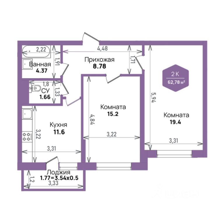 2 комнатная, 62,8 м²