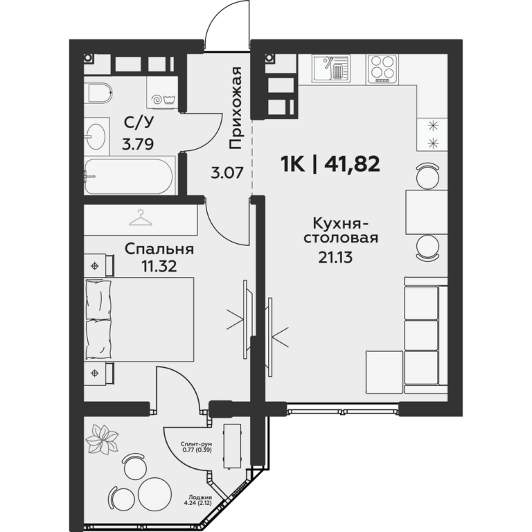 1 комнатная, 41 м²