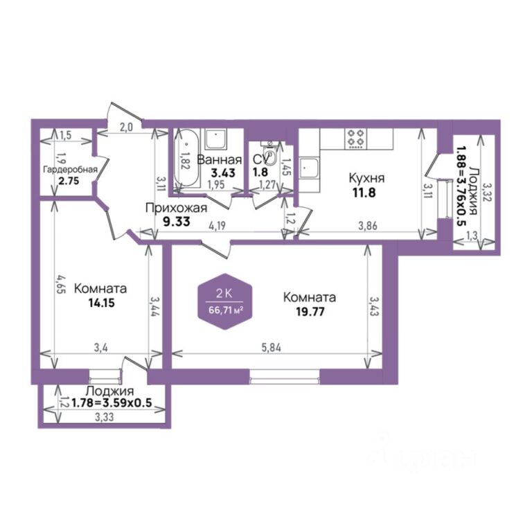 2 комнатная, 66.71 м²