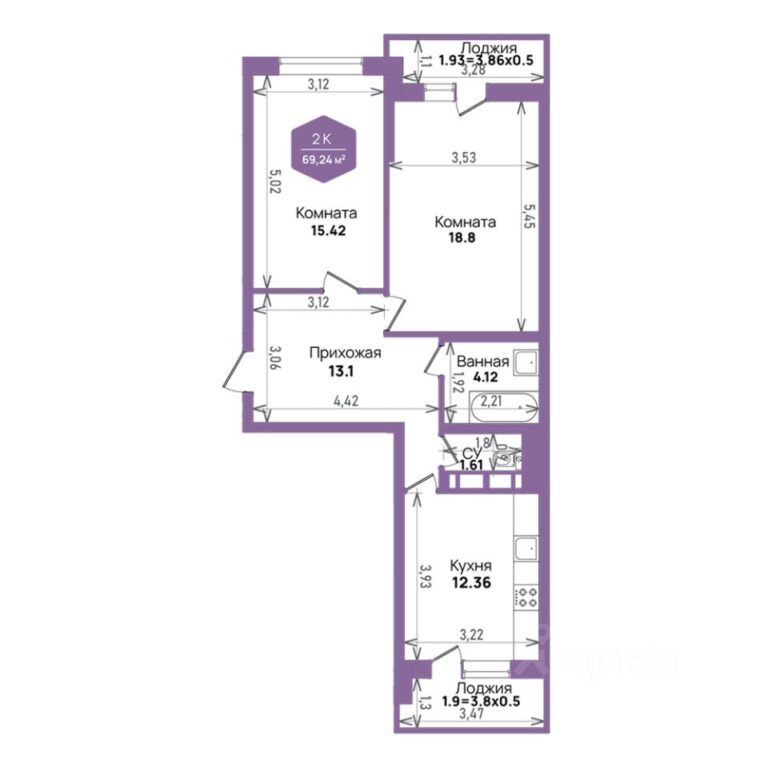 2 комнатная, 69.24 м²