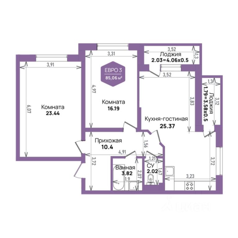 3+ комнатная, 85,06 м²