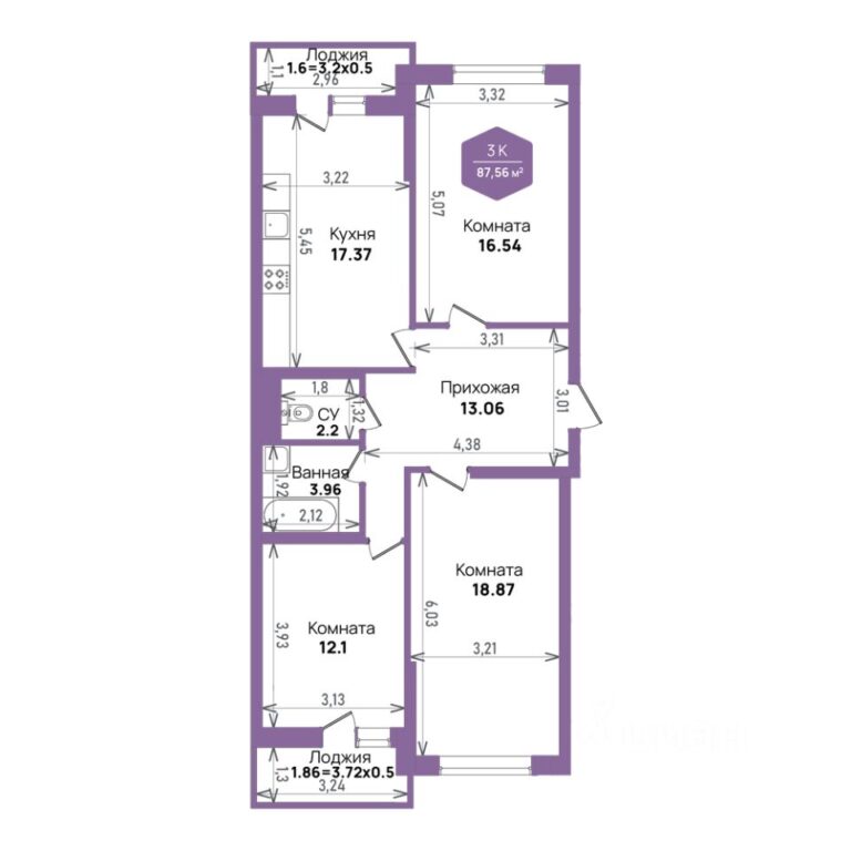 3+ комнатная, 87,56 м²
